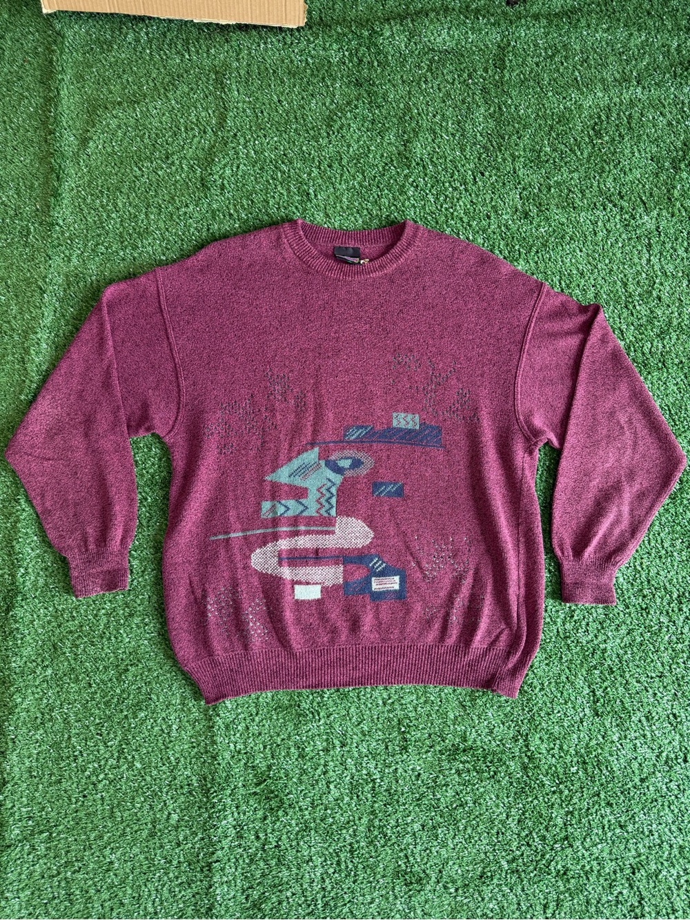 Men's Crewneck Sweater in Plum with Geometric Pattern